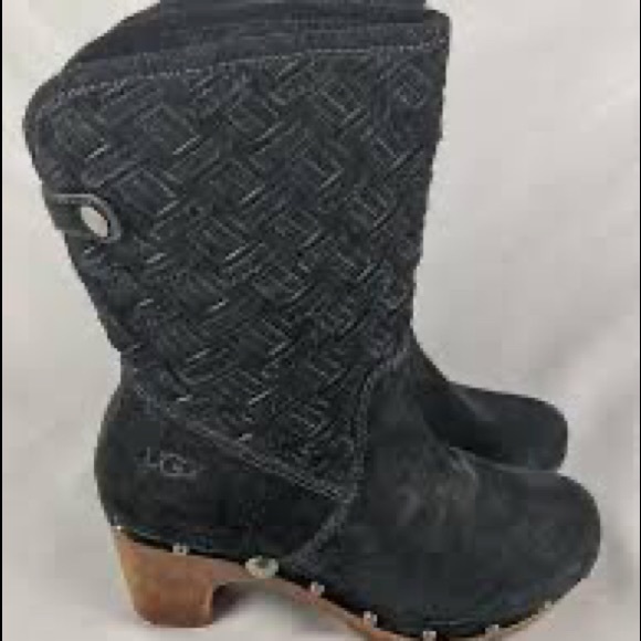 UGG Lynnea Boots Style 3361 Black Suede Leather heel Winter weaved over ankle 6 - Picture 5 of 11